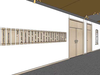 Elevator Hallway With White Walls Gray Floor And Mailboxes On Wall 3d model