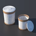 White Woven Storage Baskets With Brown Trim And Lids In Two Sizes 3d model