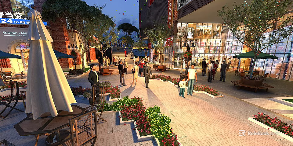 Vibrant Commercial Street With Pedestrians Shops Greenery Outdoor Seating And Evening Lights 3d model 