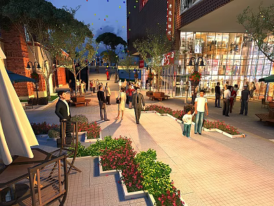 Vibrant Commercial Street With Pedestrians Shops Greenery Outdoor Seating And Evening Lights 3d model