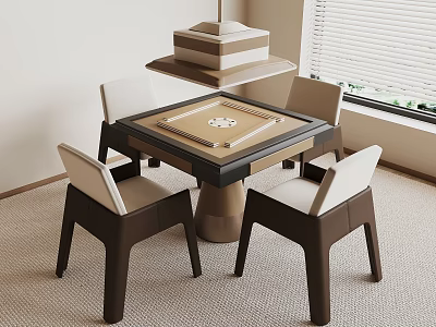 Mahjong Entertainment Table With Tiles Four White Brown Chairs Indoor Carpeted Room 3d model