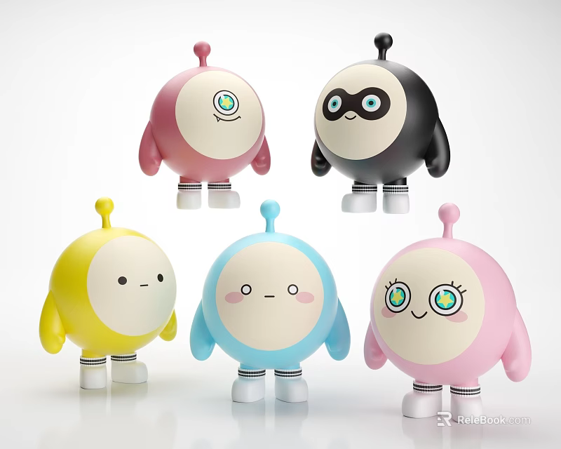 Colorful Cute Game Movie Animated Characters With Round Body Antenna And Expressions 3d model 