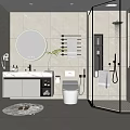 Modern Bathroom Interior With Round Mirror Sink Vanity Glass Shower And Tiled Walls