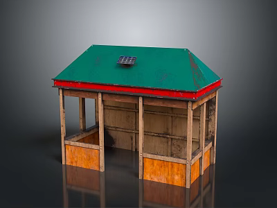 Small Open Wooden Kiosk Featuring Green Roof Red Trim Solar Panel and Orange Base 3d model