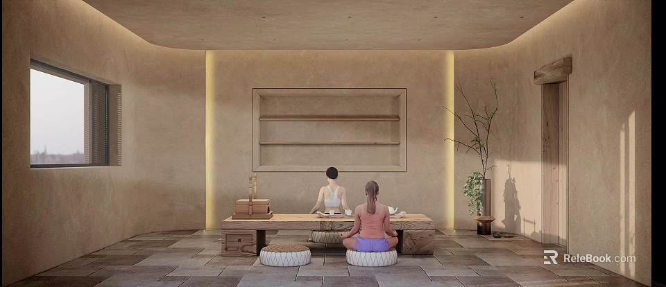 Serene Traditional Tea Room Interior With People Sitting On Cushions And Wooden Table 3d model 