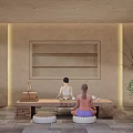 Serene Traditional Tea Room Interior With People Sitting On Cushions And Wooden Table