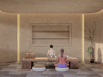 Serene Traditional Tea Room Interior With People Sitting On Cushions And Wooden Table 3d model