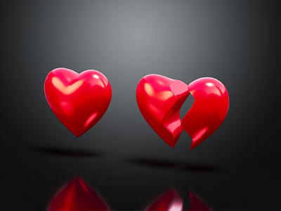 Red Hearts One Whole and One Broken on Dark Background with Reflections 3d model