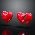 Red Hearts One Whole and One Broken on Dark Background with Reflections 3d model