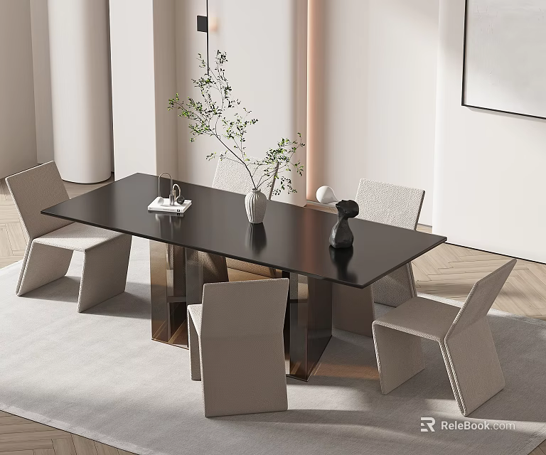 Sleek Modern Dining Table Set With Black Tabletop Beige Chairs And Green Plant 3d model 