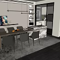 Modern Restaurant Interior With Dining Table Gray Chairs Open Kitchen Pendant Lights And Wall Art