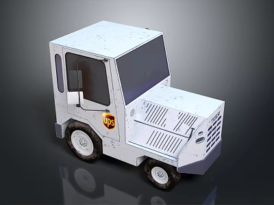 Small White Utility Vehicle with Windows Doors and Black Tires and Yellow Logo on Side 3d model