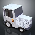 Small White Utility Vehicle with Windows Doors and Black Tires and Yellow Logo on Side