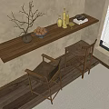 Wooden Bar Counter With Fruit Bowl Vase Bottles And Two Brown Chairs On Wooden Floor