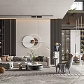 Modern Duplex Living Room Interior With Beige Sofa Round Wall Decor And Metal Pendant Lights