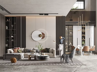 Modern Duplex Living Room Interior With Beige Sofa Round Wall Decor And Metal Pendant Lights 3d model