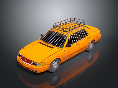Yellow Sedan With Roof Rack And Window Bars On Dark Background 3d model