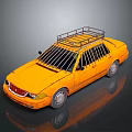Yellow Sedan With Roof Rack And Window Bars On Dark Background