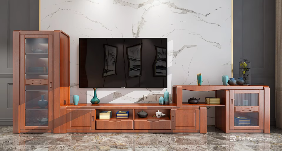 Modern Elegant Wooden TV Stand with Marble Background Wall and Decorative Vases Tea Sets Books 3d model 