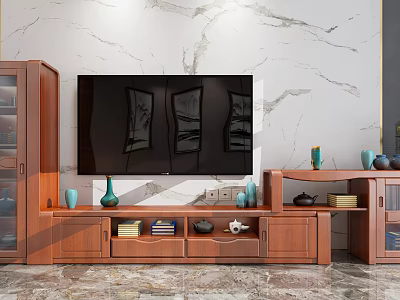 Modern Elegant Wooden TV Stand with Marble Background Wall and Decorative Vases Tea Sets Books 3d model