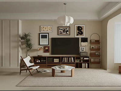 Modern Living And Dining Room Interior Design With Coffee Table TV Stand Decorative Paintings And Pendant Light 3d model