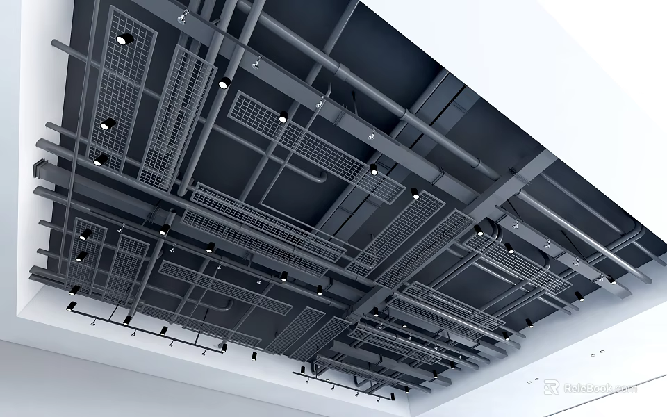 Industrial Style Suspended Ceiling With Metal Framework Exposed Pipes Grid Panels And Recessed Lighting 3d model 