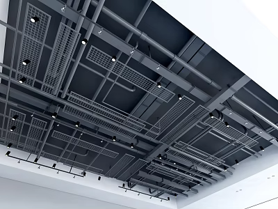 Industrial Style Suspended Ceiling With Metal Framework Exposed Pipes Grid Panels And Recessed Lighting 3d model