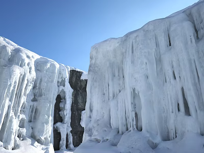 Stunning Natural Ice Waterfall Landscape With Icicles Hanging From Rocks And Blue Sky 3d model