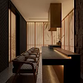 Front Desk Reception With Wooden Screens Stone Walls Long Counter Black Chairs And Decorative Plants