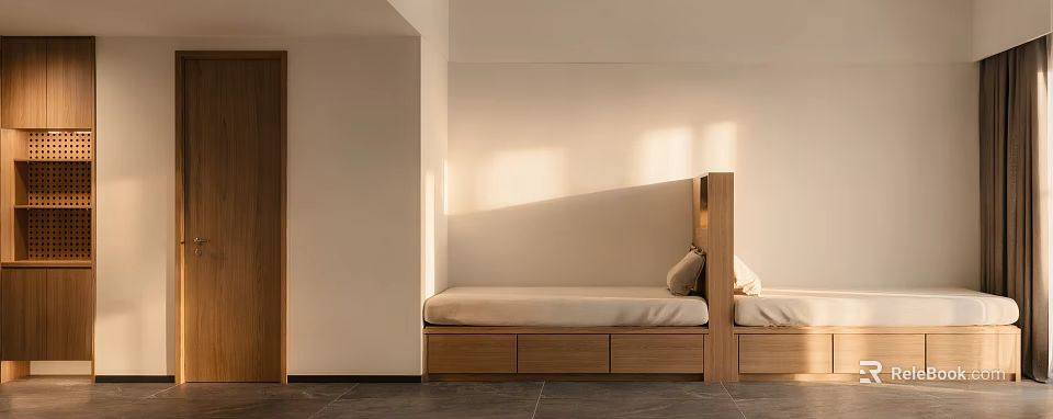 Modern Apartment Interior Featuring Wooden Built in Bench Drawers and Natural Light 3d model 