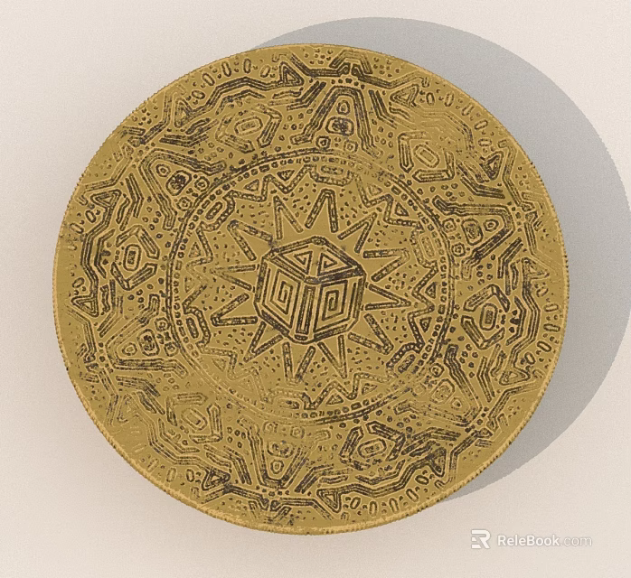 Circular Brass Artifact With Intricate Geometric Patterns And Central Star Design 3d model