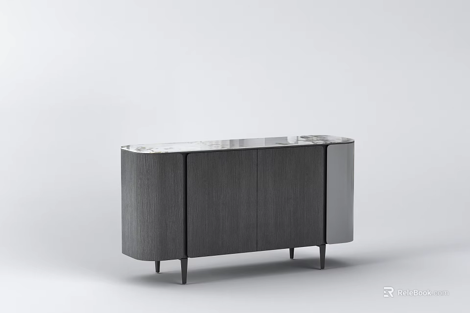 Modern Wooden Sideboard Cabinet with Marble Top and Black Metal Legs 3d model 