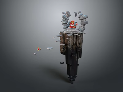 Cartoon Scene With Pillar Structure Broken Stones On Top Small Red Character And Flying Debris 3d model