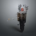 Cartoon Scene With Pillar Structure Broken Stones On Top Small Red Character And Flying Debris