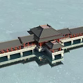 Traditional Chinese Covered Bridge With Pavilion Roof Over Calm Water Reflection