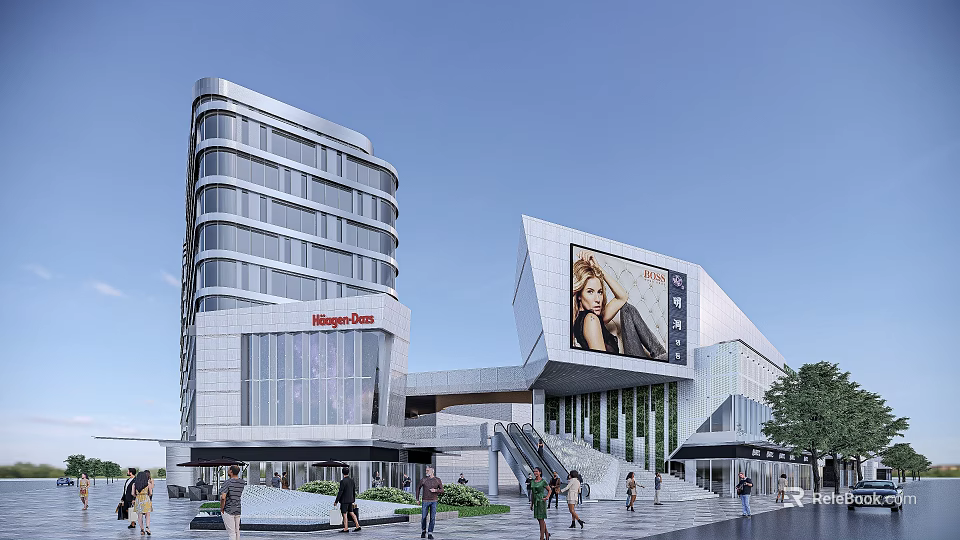 Modern Commercial Complex With Glass Facade Escalators Large Digital Billboard And Pedestrian Flow 3d model 