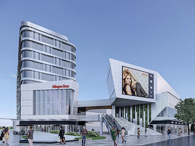 Modern Commercial Complex With Glass Facade Escalators Large Digital Billboard And Pedestrian Flow 3d model