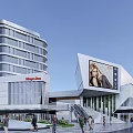 Modern Commercial Complex With Glass Facade Escalators Large Digital Billboard And Pedestrian Flow