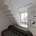 Modern Living and Dining Room Interior With Black Leather Sofa Dining Table And Decorative Paintings
