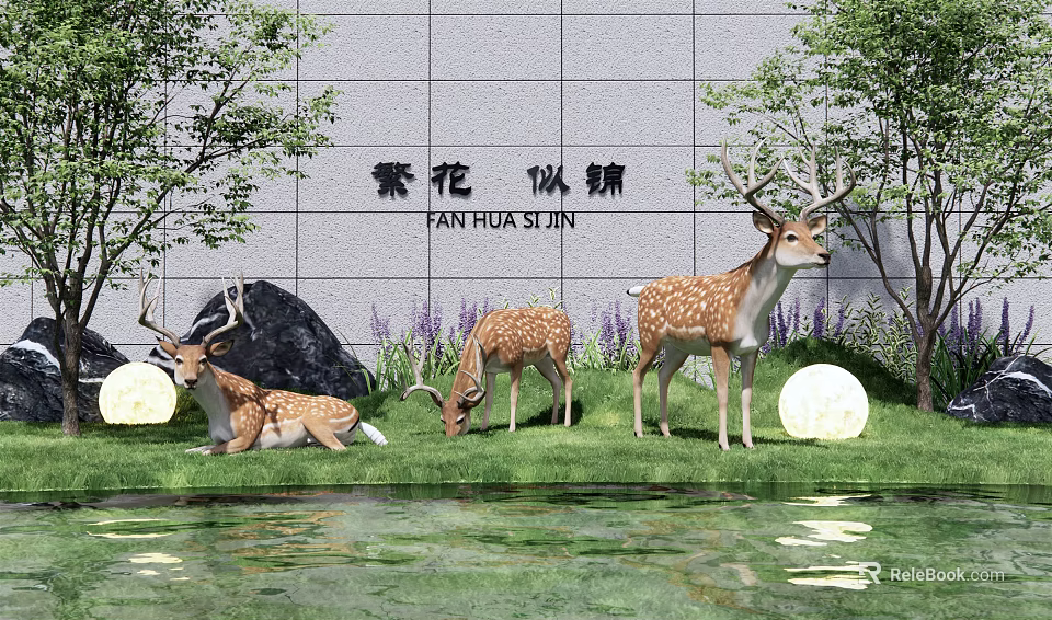 Garden Ornament Featuring Deer Statues Green Grass Purple Flowers and Pond 3d model 