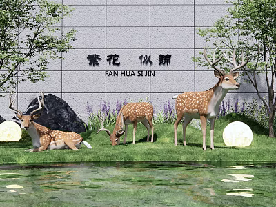Garden Ornament Featuring Deer Statues Green Grass Purple Flowers and Pond 3d model