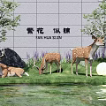 Garden Ornament Featuring Deer Statues Green Grass Purple Flowers and Pond