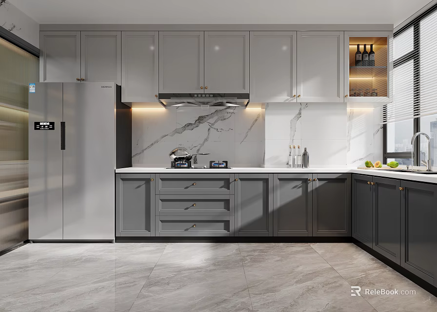 Modern Kitchen Interior With Gray Cabinets White Countertop Marble Backsplash And Stainless Steel Refrigerator 3d model 