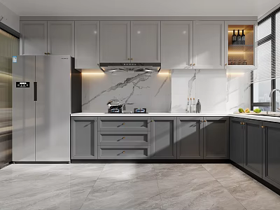 Modern Kitchen Interior With Gray Cabinets White Countertop Marble Backsplash And Stainless Steel Refrigerator 3d model
