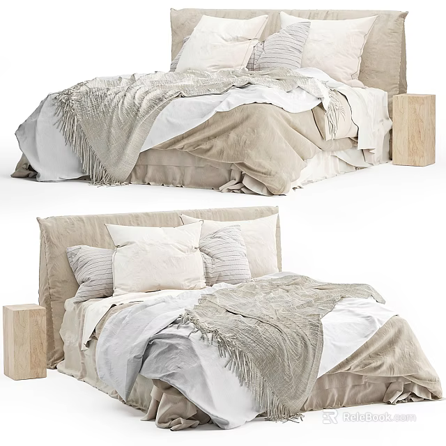 Modern Double Bed Interior With Soft Linen Bedding Wooden Nightstands And Fringed Blanket 3d model 