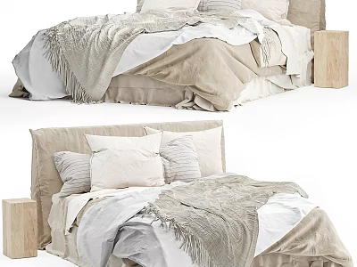 Modern Double Bed Interior With Soft Linen Bedding Wooden Nightstands And Fringed Blanket 3d model