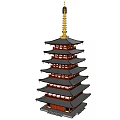Traditional Multi Tiered Tower With Golden Spire Red Black Wooden Structure And Overhanging Eaves