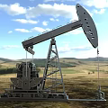 Industrial Oil Pump for Oil Extraction in Open Field With Mountainous Landscape and Blue Sky