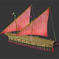 Traditional Wooden Boat With Red Sails Two Masts And Red Tassel Decorations