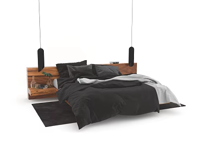 Double Bed With Wooden Headboard Black Pillows Bedding Pendant Lights And Black Rug 3d model